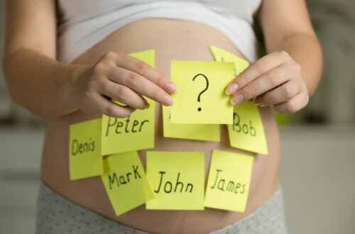 A close-up view of a pregnant woman's bare abdomen adorned with several yellow sticky notes, each bearing a handwritten male name such as 'Peter', 'Denis', 'Mark', 'John', 'James', and 'Bob'. Her hands gently hold a central sticky note prominently displaying a black question mark, symbolizing the thoughtful process of selecting a baby name. She wears a white top and gray patterned bottoms, with a softly blurred background.