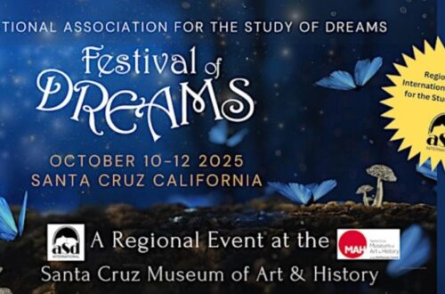 A promotional poster for the 'Festival of Dreams' organized by the International Association for the Study of Dreams. The dark blue background twinkles with small white light particles, reminiscent of a starry night. Large, elegant white text in the center reads 'Festival of DREAMS'. Above it, smaller text says 'INTERNATIONAL ASSOCIATION FOR THE STUDY OF DREAMS'. Below the main title, the dates 'OCTOBER 10-12 2025' and location 'SANTA CRUZ CALIFORNIA' are displayed. The bottom of the image features a dark, textured ground with several vibrant blue butterflies in flight and two light-colored mushrooms. Below this, it states 'A Regional Event at the Santa Cruz Museum of Art & History', accompanied by the 'aSD INTERNATIONAL' logo (a silhouette of a sleeping face within a crescent moon) and the 'MAH Santa Cruz Museum of Art & History' logo. A yellow starburst on the right side of the poster reinforces 'Regional Event International Association for the Study of Dreams' and includes the 'aSD INTERNATIONAL' logo again.