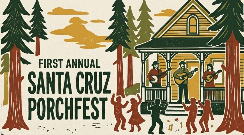 Santa Cruz Porchfest illustration of musicians playing on a porch for neighbors.